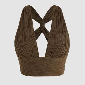 Brown Solid Back Cross Crop Halter Top.